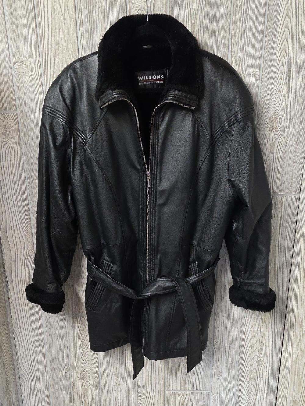 Wilsons Leather Black Leather Jacket Faux Fur Collar/Cuffs Belted Waist Womens L